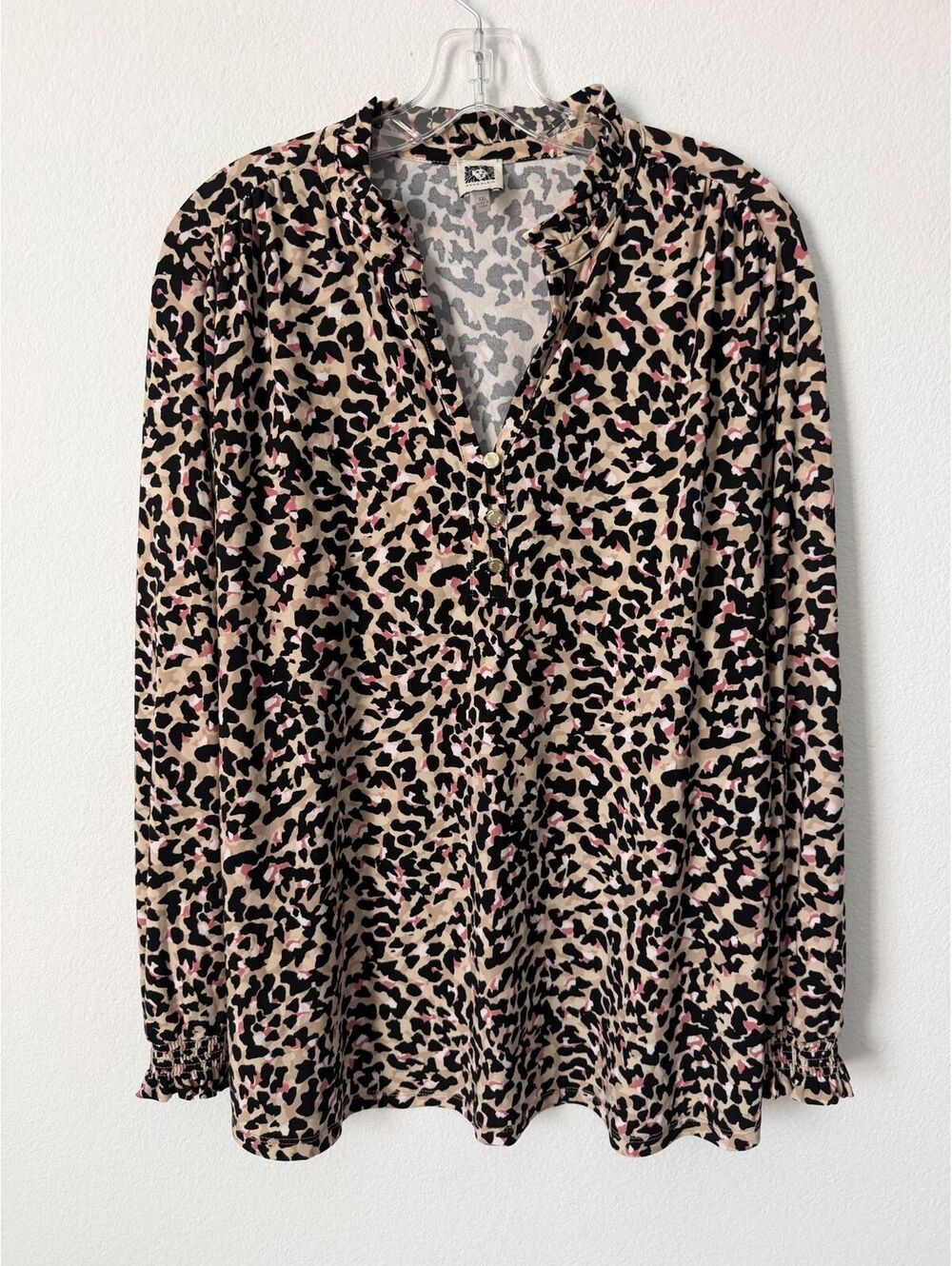 Anne Klein Long Sleeve Ruffled V-Neck Animal Print Stretch Blouse Size XXL